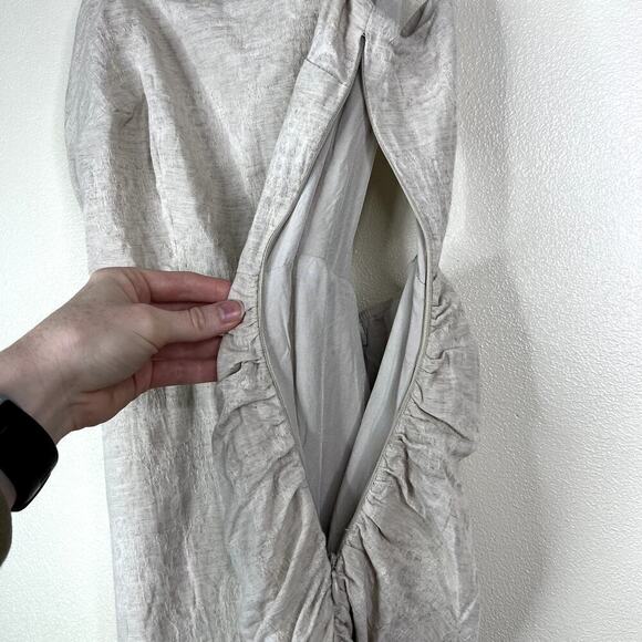 Anthropologie Flat White Linen Cotton Asymmetrical Mini Dress Beige Back Cut Out - Picture 6 of 10